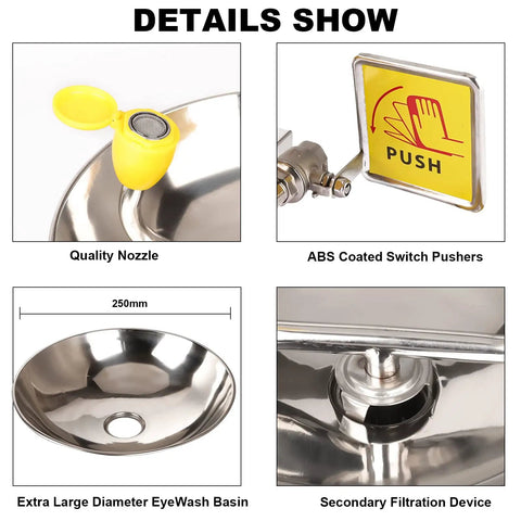Emergency Eye Wash Station Wall Mounted With Double Nozzle Filtered Water Flow, showing detailed nozzle, switch, and basin features