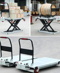 Heavy Duty Foldable Hydraulic Lift Table With 660 Lb Electric Scissor Cart And Four Lockable Wheels shown lifting cargo and barrels.