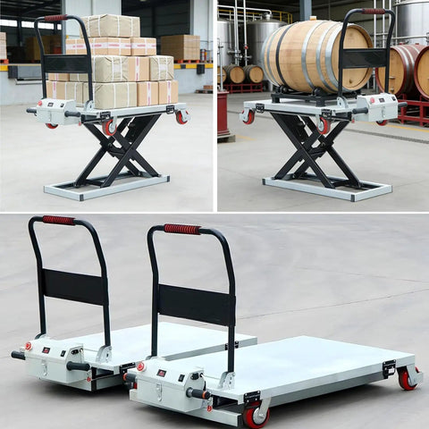 Heavy Duty Foldable Hydraulic Lift Table With 660 Lb Electric Scissor Cart And Four Lockable Wheels shown lifting cargo and barrels.