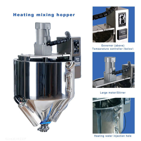 Heavy Duty Pneumatic Liquid Paste Filling Machine With Heated Stirred Tank, Adjustable Temperature Control And Anti Drip Valve For Oils Lotions Syrups, Built Tough To Crush Production Runs All Day Long, close-up of heated mixing hopper with controls.