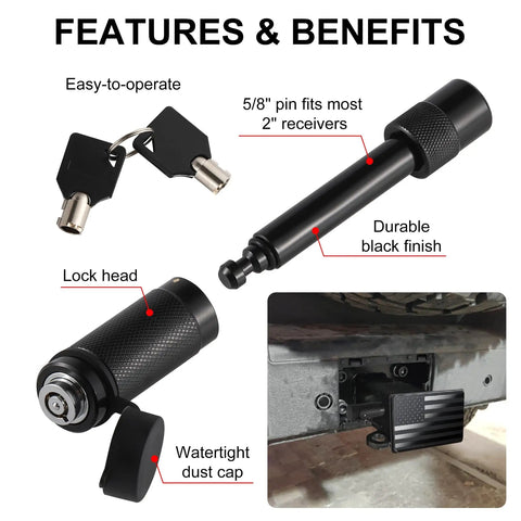Heavy Duty American Flag Trailer Hitch Cover For 2 Inch Receivers with lock, pin, keys, and installed on vehicle, showing features.