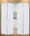 Premium Double Bifold Barn Door With Complete Hardware Kit And Smooth Glide Track For Closets Interior Walls And Room Dividers in white.