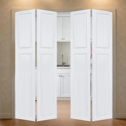 Premium Double Bifold Barn Door With Complete Hardware Kit And Smooth Glide Track For Closets Interior Walls And Room Dividers in white.