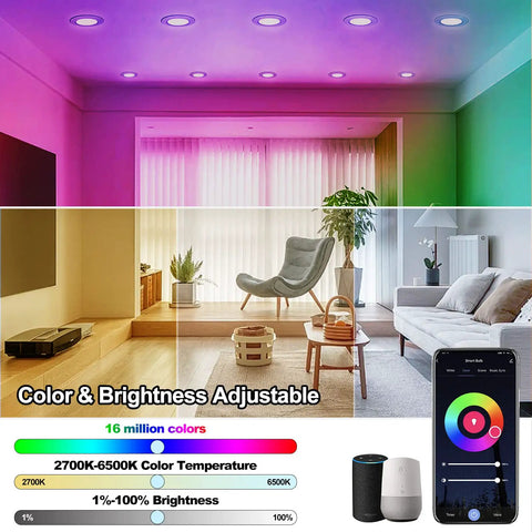 Living room with Ultra Thin 6 Inch Smart LED Recessed Light 4 Pack RGB Dimmable CCT Downlight creating colorful ambience.