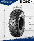 Set Of 2 25x8-12 ATV UTV Beefy Mud Trail Tires 6 Ply Tubeless For Off Road Adventures, directional tread, size details