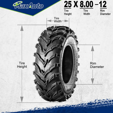 Set Of 2 25x8-12 ATV UTV Beefy Mud Trail Tires 6 Ply Tubeless For Off Road Adventures, directional tread, size details