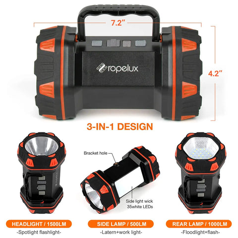 Rechargeable Camping Lantern With 1500 Lumen Output And 8 Lighting Modes showing 3-in-1 design dimensions
