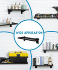 Heavy Duty Slatwall Shelf 24 Inch For Retail, Garage, And Home Storage, Slat Wall Hanging Shelf With Strong Support Frame, Black, 2 Pack For Heavy Load Organization And Versatile Wall Display, shown in various applications including tools and decor.
