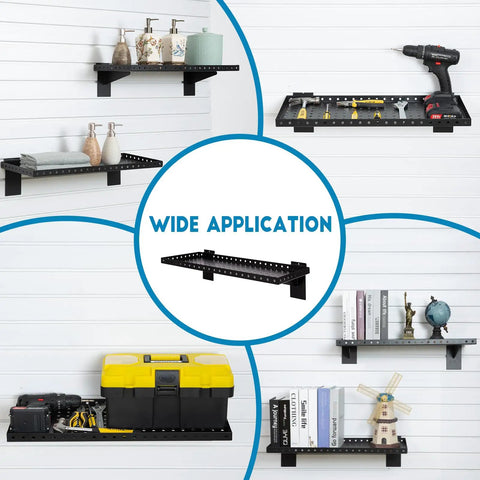 Heavy Duty Slatwall Shelf 24 Inch For Retail, Garage, And Home Storage, Slat Wall Hanging Shelf With Strong Support Frame, Black, 2 Pack For Heavy Load Organization And Versatile Wall Display, shown in various applications including tools and decor.