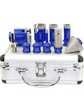 Front view of SHDIATOOL 10-piece diamond drill core bits set with blue shanks on a silver carrying case