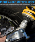 Hand using Compact Mini Ratchet Screwdriver Set With One Quarter Inch S2 Steel Bits in right angle mode on bike suspension.