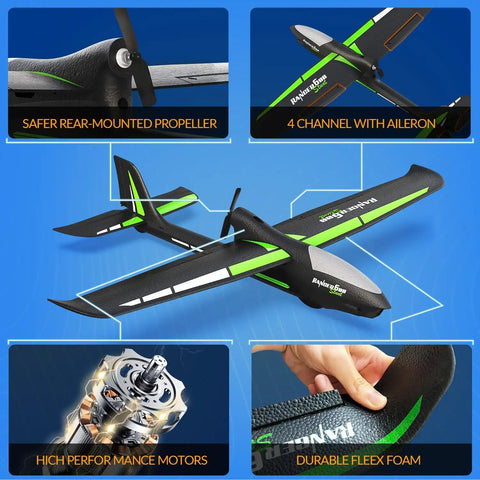 Easy To Fly 4CH RC Plane With 6 Axis Gyro For Beginners And Adults, showing Ranger600 Stunt Glider in black with green accents