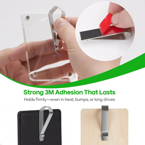 Six Pack Premium Stainless Steel Clips With 3M Adhesive for DIY car sun visor mounts showing strong adhesive on clear surface
