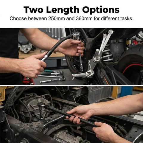 Flexible Shaft Extension For Impact Tools 360 Degree Bend To Reach Tight Auto Repair Spaces Half Inch Drive With Three Eighths Inch And One Quarter Inch End Sockets Hand Drill And Ratchet Accessory For Narrow Gaps in auto repair use