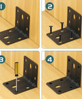 Heavy Duty Black L Brackets 2x2 Inch Steel Angle Supports Rock Solid Corner Braces Kit 10 Pack With 80 Screws in installation steps.