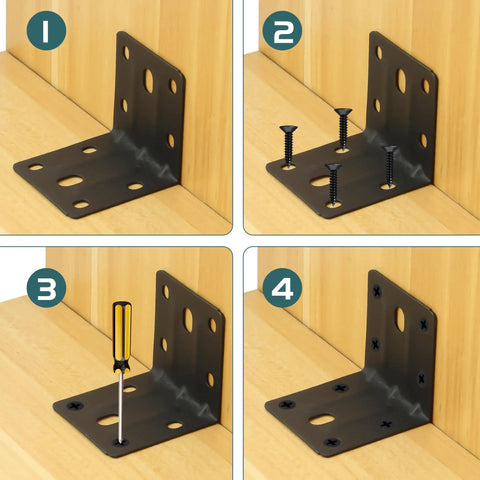 Heavy Duty Black L Brackets 2x2 Inch Steel Angle Supports Rock Solid Corner Braces Kit 10 Pack With 80 Screws in installation steps.