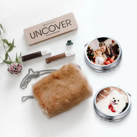 Fluffy brown bag and makeup items with customized photo trays featuring a woman with child and a dog, next to floral arrangement.