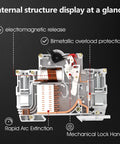 Internal view of Two Pole 80 Amp AC Circuit Breaker with electromagnetic release and bimetallic overload protection.