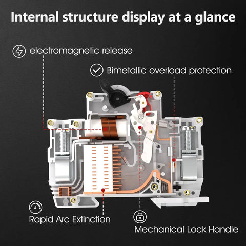 Internal view of Two Pole 80 Amp AC Circuit Breaker with electromagnetic release and bimetallic overload protection.