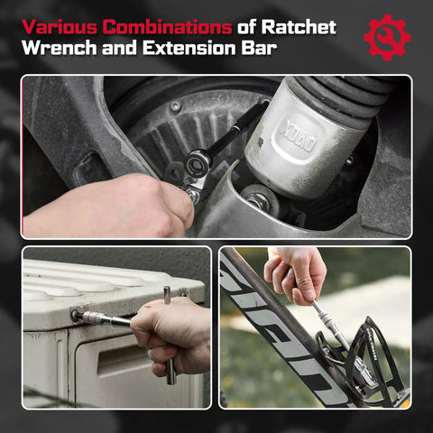 60 Piece Pivoting Flex Head T-Handle Ratchet Wrench Set With 72-Tooth Reversible Ratchet used in automotive and bike repair