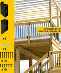 Step Up Your Outdoor Setup With These Real Deal Heavy Duty 30 Degree Stair Railing Brackets Concealed U Shape Connectors Black Hidden Hardware Fits 2 By 4 Lumber Strong Deck Hold showing package contents and stair setup.