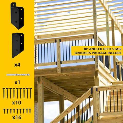 Step Up Your Outdoor Setup With These Real Deal Heavy Duty 30 Degree Stair Railing Brackets Concealed U Shape Connectors Black Hidden Hardware Fits 2 By 4 Lumber Strong Deck Hold showing package contents and stair setup.