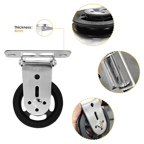 Wall Mounted Cable Pulley System With 180 Degree Rotation, Silent Gym Pulleys, stainless steel detail, close-up views.