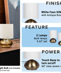 Transitional Small Touch Lamp Set in Antique Brass, 9.25 Inch Tall, Set of 2 with white faux silk shade and touch control.