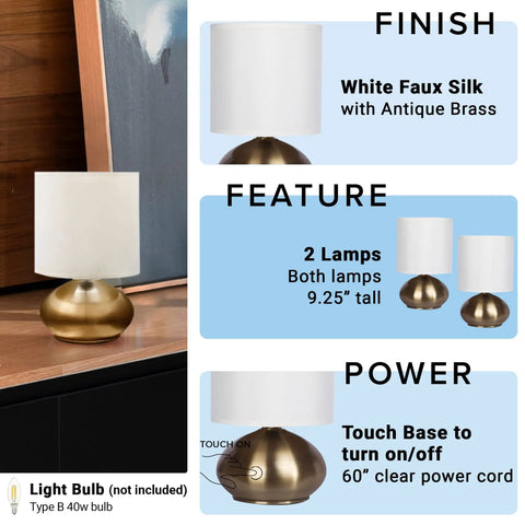 Transitional Small Touch Lamp Set in Antique Brass, 9.25 Inch Tall, Set of 2 with white faux silk shade and touch control.