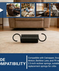 Beefy Heavy Duty Two Point Five Inch Short Hook Recliner Springs For Couch And Sectional Repair No Fuss Furniture Fix Fast Swap Replacement Coils Two Pack Reliable Steel Build on a carpet with recliner compatibility.