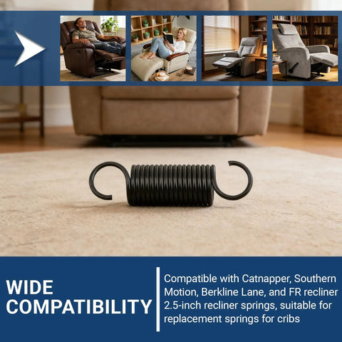 Beefy Heavy Duty Two Point Five Inch Short Hook Recliner Springs For Couch And Sectional Repair No Fuss Furniture Fix Fast Swap Replacement Coils Two Pack Reliable Steel Build on a carpet with recliner compatibility.