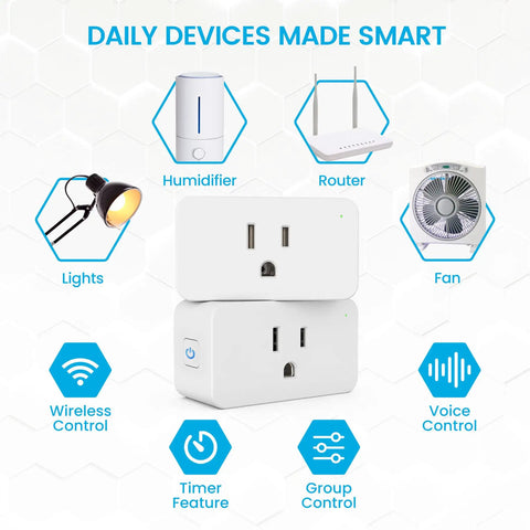 Two Pack Smart Plugs With Voice Control For Alexa Google Assistant IFTTT showing use with lights, humidifier, router, and fan.