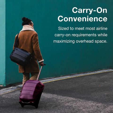 Purple two-wheel carry-on rolling suitcase with extendable handle, side view of a person in a brown coat.