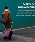 Person with Moody Burgundy 2 Wheel Carry On Luggage With Oversized Wheels And Trolley Handle Lightweight Rolling Suitcase walking