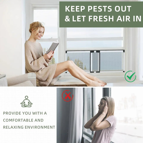 Woman sitting by window with Adjustable Sliding Window Screen 15.74 Inches High By 21 To 40 Inches Wide Expandable Replacement