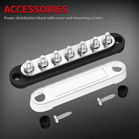 Battery Bus Bar Terminal Block Set With Cover 12V To 48V Positive And Negative Power Distribution Block For Automotive Boat Marine Applications Seven M6 Terminal Studs On Red Positive And Black Ground Blocks Must Have, black block with cover and screws