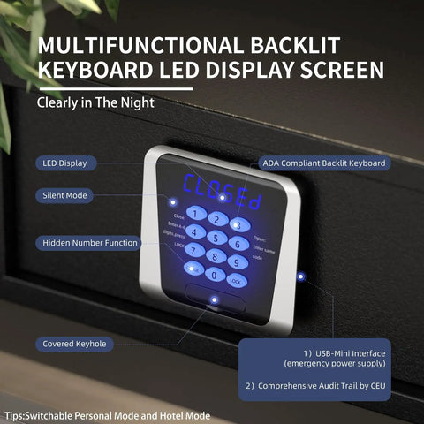 Home Safe For Documents And Valuables With Hotel-Style Digital Lock, Sensor Light, Silent Mode, And Solid Steel Build, black finish keypad display