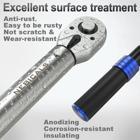 Beefy Nine Piece Torque Wrench Set With Quarter, Eighths, And Half Inch Drives featuring anti-rust chrome finish close-up