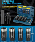 Deep Lug Nut Extractor Set For Locked And Stripped Bolts, Six Piece Wheel Lock Removal Kit, in open blue case showing sockets