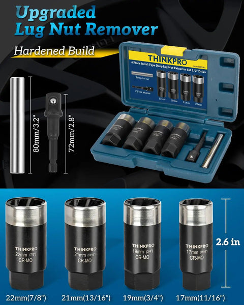 Deep Lug Nut Extractor Set For Locked And Stripped Bolts, Six Piece Wheel Lock Removal Kit, in open blue case showing sockets
