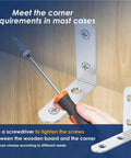 Hands using a screwdriver to install 50 Piece Kickass Stainless Steel L Shaped Corner Brackets Heavy Duty 90 Degree Right Angle Support Hardware.