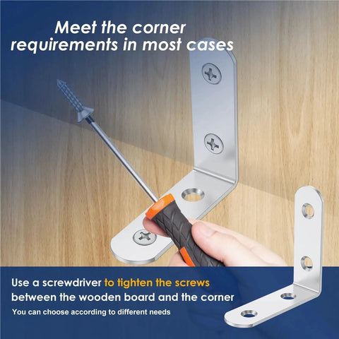 Hands using a screwdriver to install 50 Piece Kickass Stainless Steel L Shaped Corner Brackets Heavy Duty 90 Degree Right Angle Support Hardware.