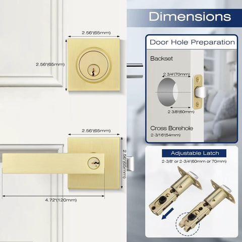 Two Pack Door Handleset With Single Cylinder Deadbolt Satin Brass Finish Reversible For Right Or Left Handed Doors Keyed Entry Square Deadbolt Lock Set, showing dimensions and latch details.