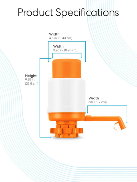 Dimensions of Universal Manual Water Pump for 2 to 6 Gallon Bottles, Adjustable Tube, Easy Squeeze, with height and width measurements.