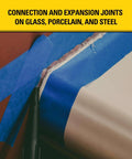 Application of All Purpose RTV Silicone Sealant on surfaces with blue tape, close-up on waterproof crack-resistant seal