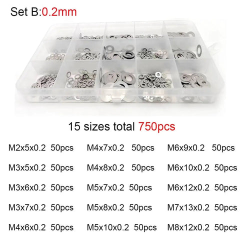 Ultra Thin Flat Washer Set For M2 Through M8 Stainless Steel 304 Shim Gasket Assortment Bulk Pack 500 750 1200 Pieces Must Have For Tight Spaces And Precise Spacing. 0.2mm 750pcs organizer case
