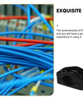 Heavy Duty Black Cable Clamp Snaps On Fast To Secure High Voltage Wires And Electrical Connectors with blue and red wires background.
