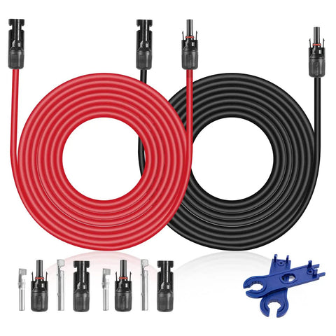 10 AWG Solar Extension Cable 30 Ft For Roof PV Systems With Male And Female Connectors 30 Amp DC Wire Heavy Duty Solar Panel Cable Rated Up To 1000V Great For Home Solar Installations, red and black cables with connectors and tool