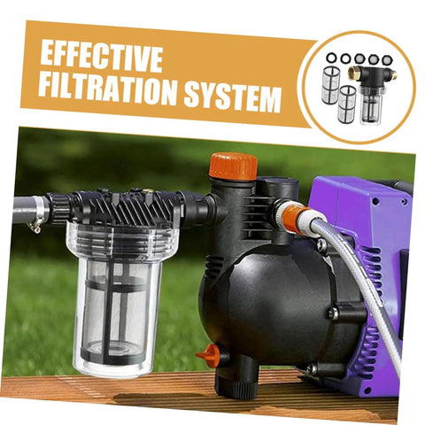 Heavy Duty Inline Water Sediment Filter for Garden Hose or Car Wash Rig with Quick Connect Fitting attached to pump.