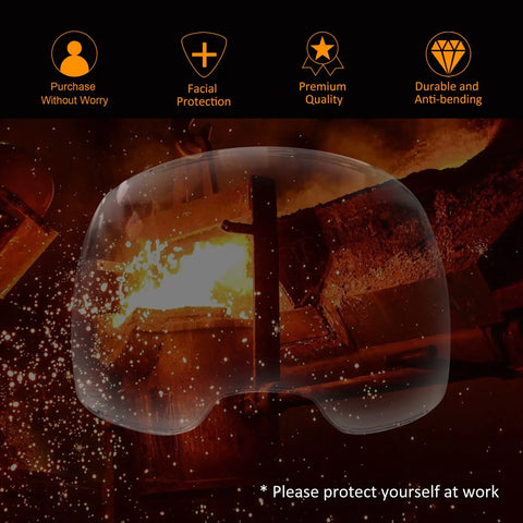 7 Pack Clear Front Cover Lenses For Sentinel A50 Welding Helmet HD Anti Fog Viewing Window showcased with glowing welding sparks backdrop
